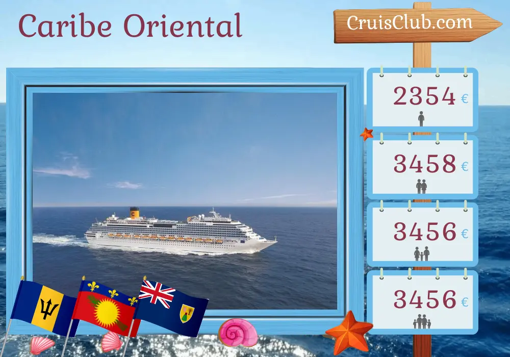 Cruzeiro no Caribe Oriental partindo de La Romana a bordo do navio Costa Fascinosa com visitas a Barbados, Guadalupe e República Dominicana por 15 dias