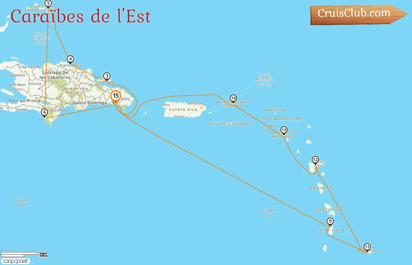 Croisière dans les Caraïbes de l`Est au départ de La Romana à bord du Costa Fascinosa avec des escales en République dominicaine, à la Barbade et en Guadeloupe pendant 15 jours