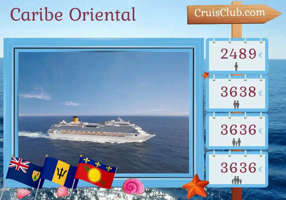 Cruzeiro no Caribe Oriental partindo de La Romana a bordo do navio Costa Fascinosa com visitas à República Dominicana, São Vicente e Granadinas, Barbados e Guadalupe por 15 dias