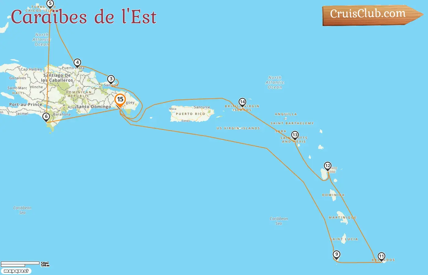 Croisière dans les Caraïbes de l`Est au départ de La Romana à bord du navire Costa Fascinosa avec des visites en République dominicaine, à Saint-Vincent-et-les-Grenadines, à la Barbade et en Guadeloupe pendant 15 jours