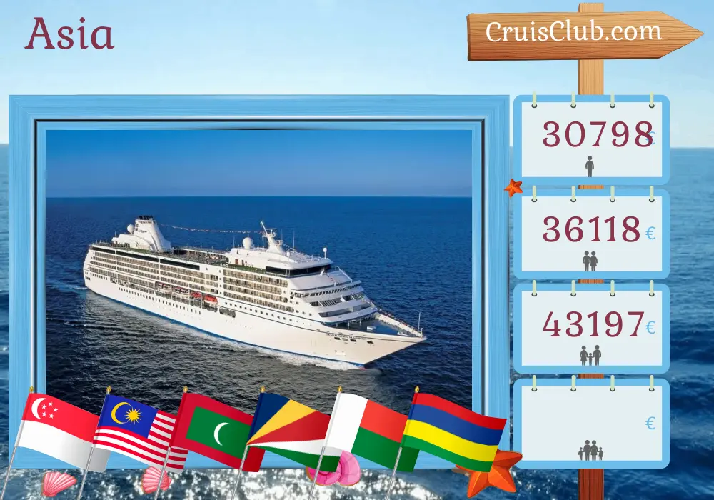 Cruise in the Asia from Benoa to Port Louis aboard Seven Seas Mariner ship with visits to Indonesia, Singapore, Malaysia, Thailand, Sri Lanka, Maldives, Seychelles, Madagascar, and Mauritius for 26 days