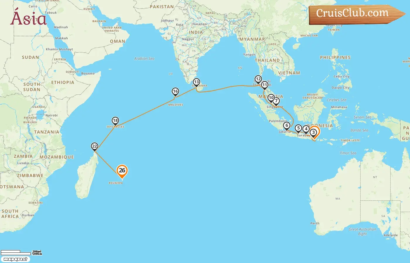 Cruzeiro na Ásia de Benoa para Port Louis a bordo do navio Seven Seas Mariner com visitas à Indonésia, Singapura, Malásia, Tailândia, Sri Lanka, Maldivas, Seychelles, Madagascar e Maurício por 26 dias