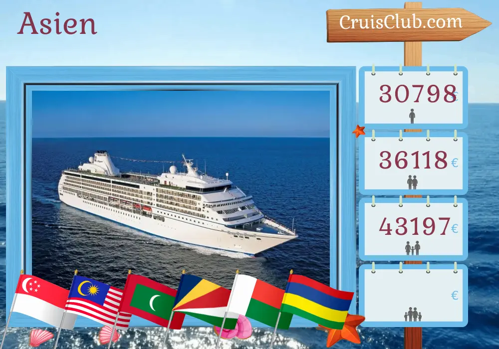 Kreuzfahrt in Asien von Benoa nach Port Louis an Bord des Schiffes Seven Seas Mariner mit Stopps in Indonesien, Singapur, Malaysia, Thailand, Sri Lanka, Malediven, Seychellen, Madagaskar und Mauritius für 26 Tage