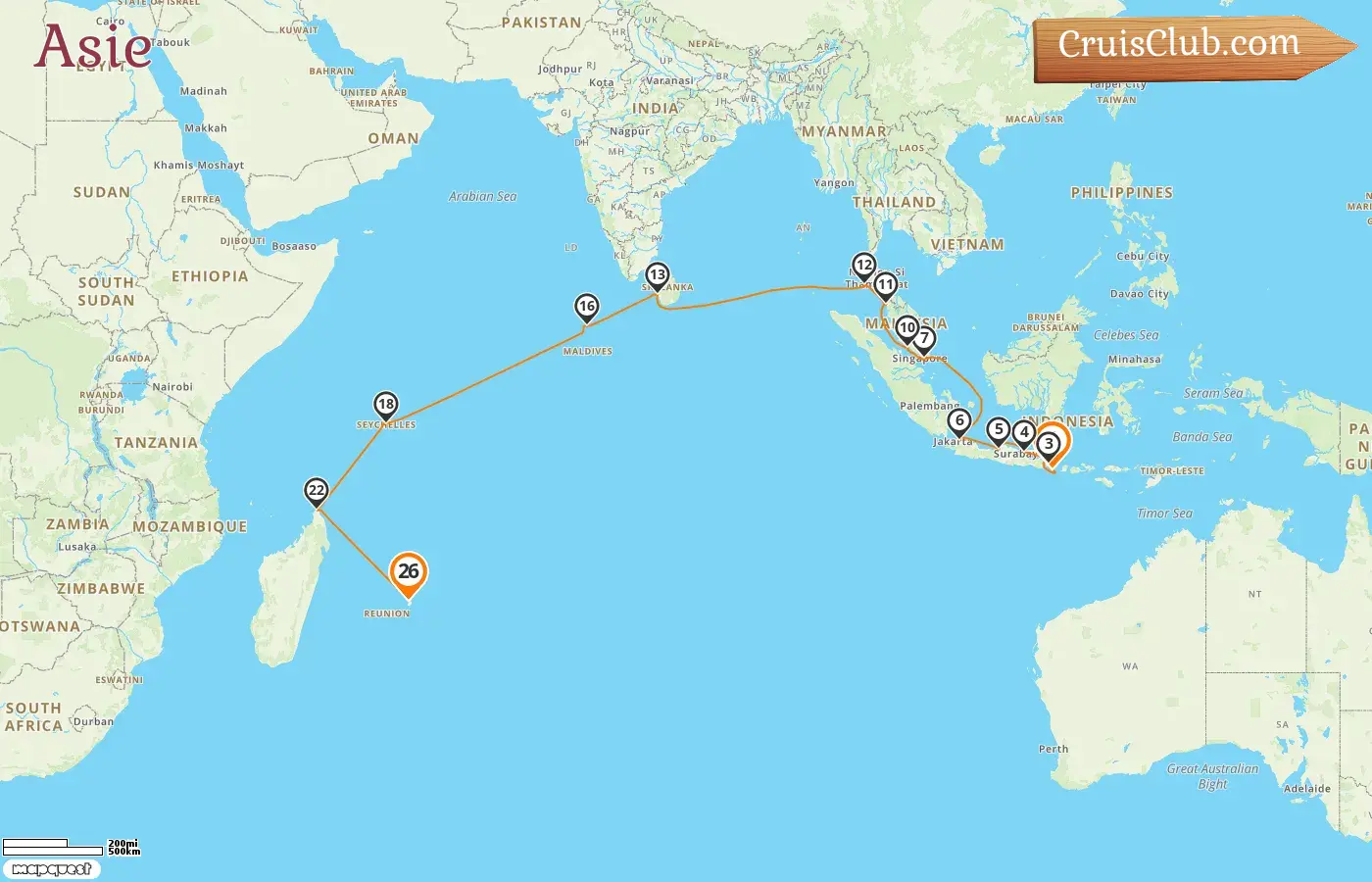 Croisière en Asie de Benoa à Port Louis à bord du navire Seven Seas Mariner avec des visites en Indonésie, Singapour, Malaisie, Thaïlande, Sri Lanka, Maldives, Seychelles, Madagascar et Maurice pendant 26 jours