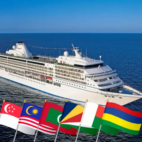 Cruise in the Asia from Benoa to Port Louis aboard Seven Seas Mariner ship with visits to Indonesia, Singapore, Malaysia, Thailand, Sri Lanka, Maldives, Seychelles, Madagascar, and Mauritius for 26 days