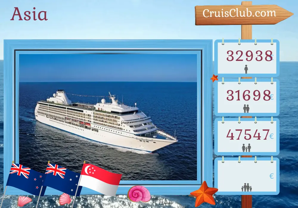 Cruise in the Asia from Auckland to Singapore aboard Seven Seas Mariner ship with visits to New Zealand, Australia, Indonesia, and Singapore for 25 days