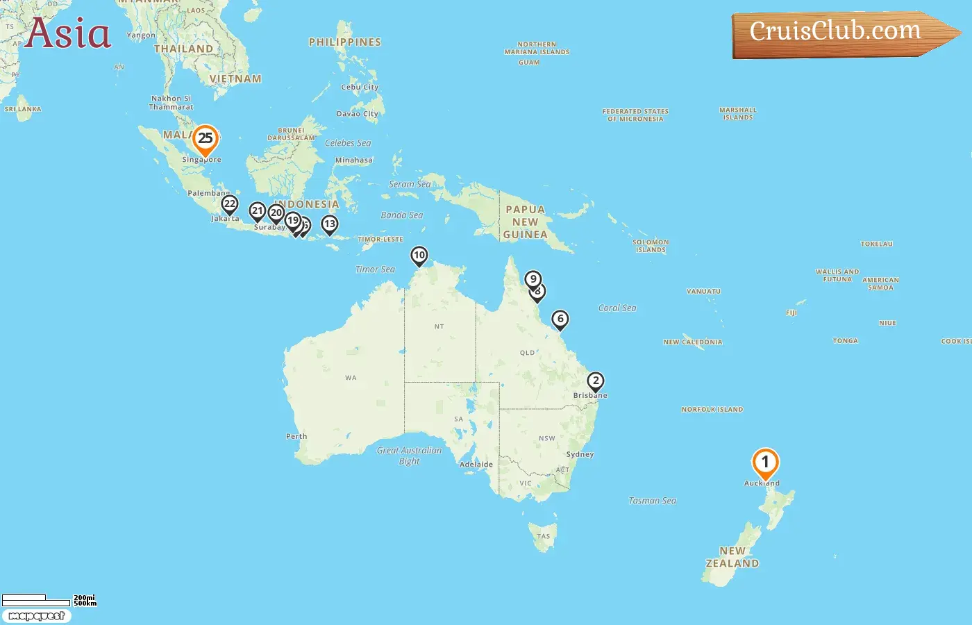 Cruise in the Asia from Auckland to Singapore aboard Seven Seas Mariner ship with visits to New Zealand, Australia, Indonesia, and Singapore for 25 days