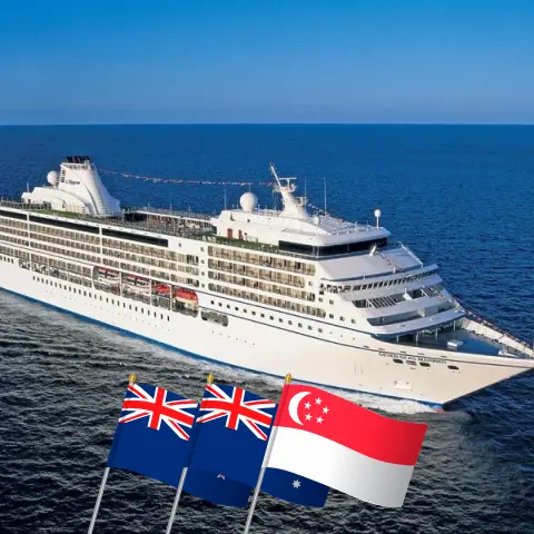 Cruise in the Asia from Auckland to Singapore aboard Seven Seas Mariner ship with visits to New Zealand, Australia, Indonesia, and Singapore for 25 days