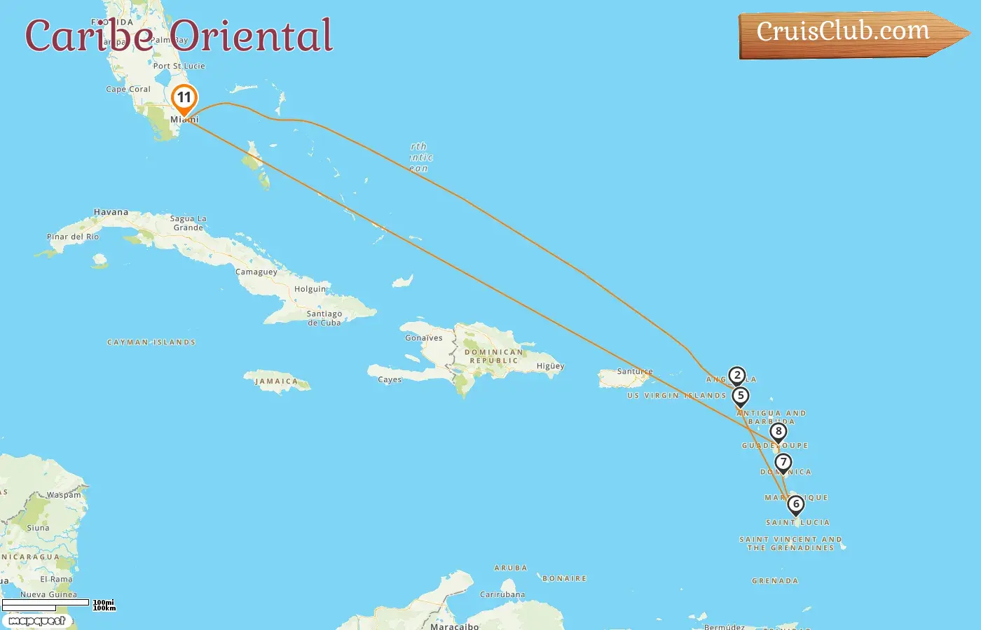 Crucero en el Caribe Oriental desde Miami a bordo del barco Seven Seas Prestige con visitas a EE.UU., San Bartolomé, y Guadalupe durante 11 días
