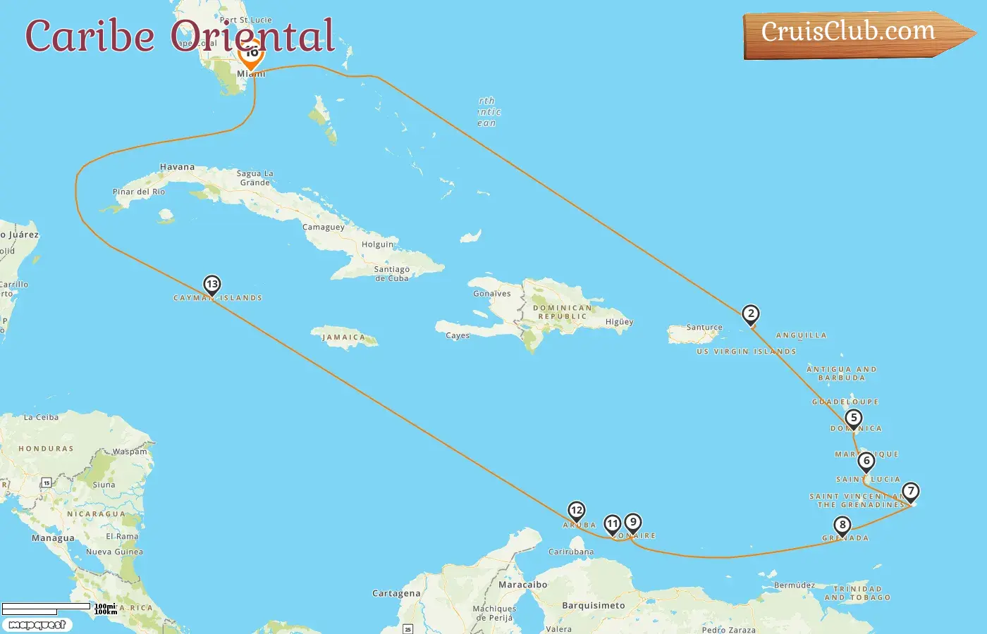 Crucero por el Caribe Oriental desde Miami a bordo del barco Seven Seas Prestige con visitas a Estados Unidos, Islas Vírgenes Británicas, Barbados, Granada, Curazao, Aruba y Islas Caimán durante 16 días