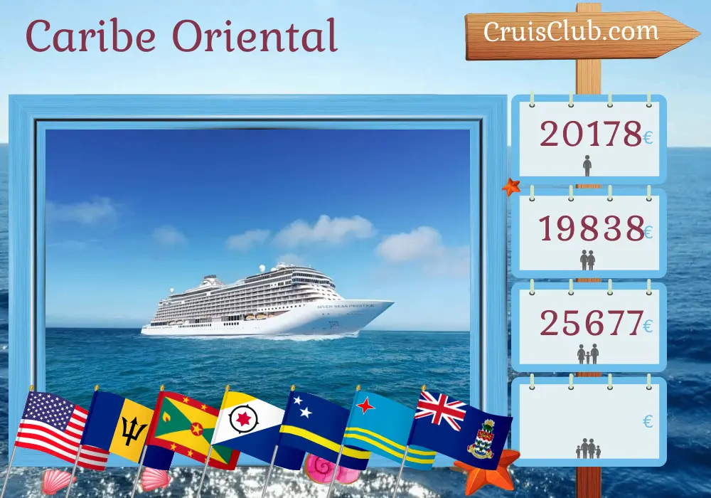 Cruzeiro no Caribe Oriental a partir de Miami a bordo do navio Seven Seas Prestige com visitas aos Estados Unidos, Ilhas Virgens Britânicas, Barbados, Granada, Curaçao, Aruba e Ilhas Cayman por 16 dias