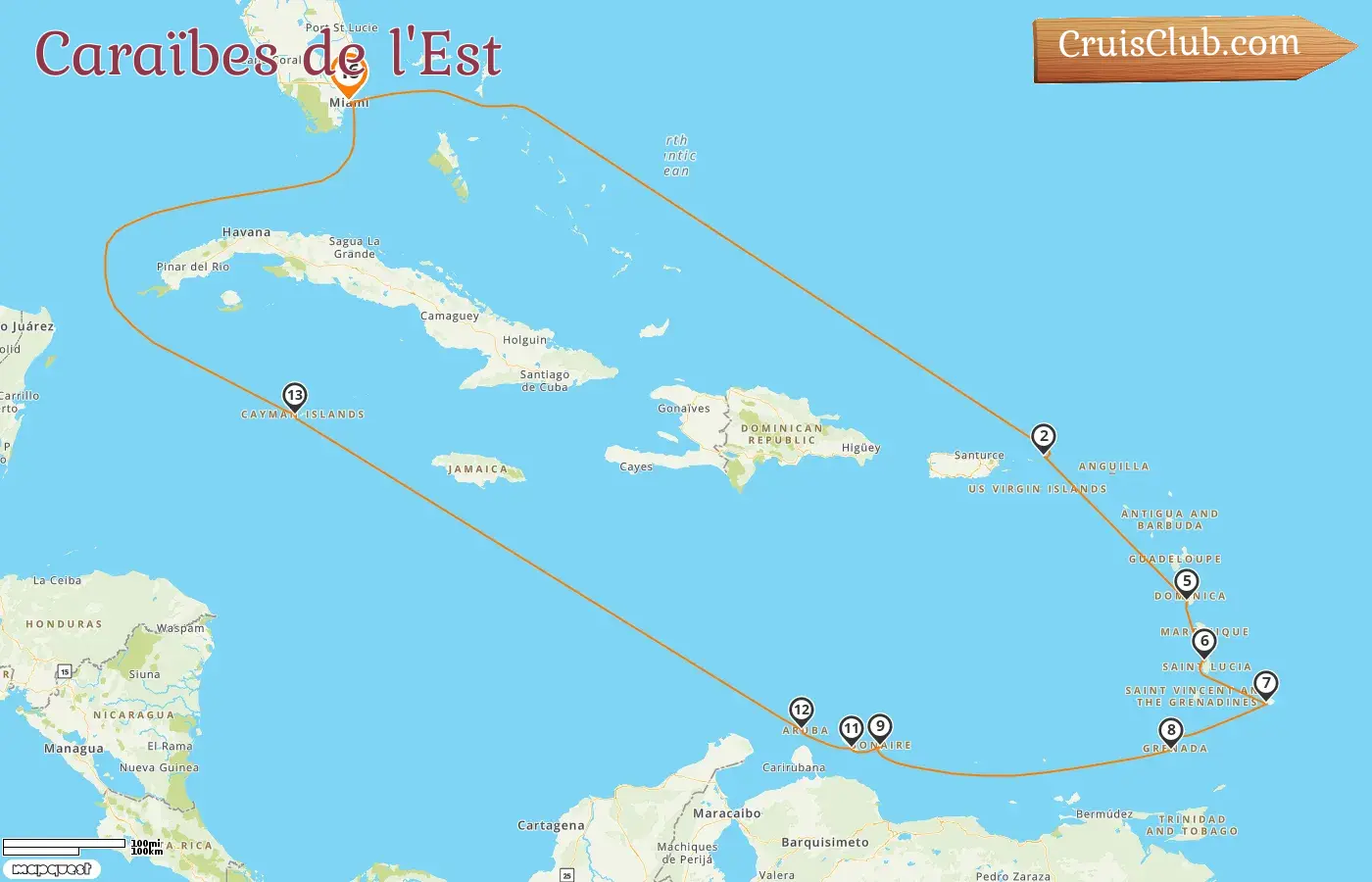 Croisière dans les Caraïbes orientales au départ de Miami à bord du navire Seven Seas Prestige avec des escales aux États-Unis, aux îles Vierges britanniques, à la Barbade, à la Grenade, à Curaçao, à Aruba et aux îles Caïmans pendant 16 jours