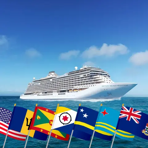 Cruzeiro no Caribe Oriental a partir de Miami a bordo do navio Seven Seas Prestige com visitas aos Estados Unidos, Ilhas Virgens Britânicas, Barbados, Granada, Curaçao, Aruba e Ilhas Cayman por 16 dias