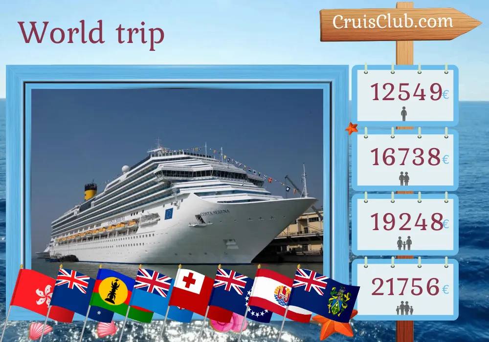 Cruise in the World trip from Hong Kong to Buenos Aires aboard Costa Serena ship with visits to Hong Kong, Philippines, Indonesia, Australia, New Caledonia, Fiji, Tonga, Cook Islands, French Polynesia, Pitcairn, Chile, and Argentina for 61 days