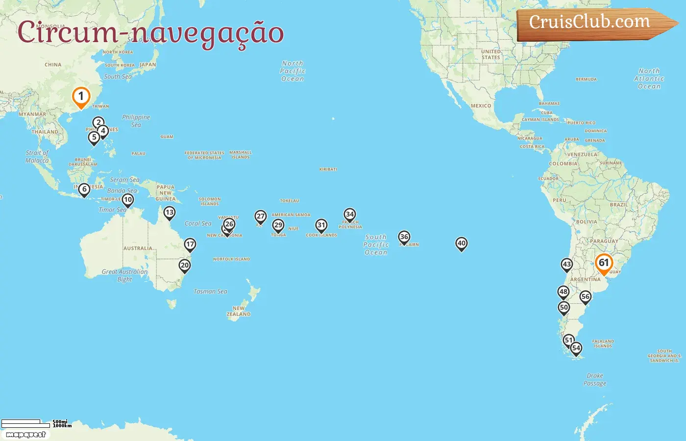 Cruzeiro pelo mundo de Hong Kong a Buenos Aires a bordo do navio Costa Serena com visitas a Hong Kong, Filipinas, Indonésia, Austrália, Nova Caledônia, Fiji, Tonga, Ilhas Cook, Polinésia Francesa, Pitcairn, Chile e Argentina durante 61 dias