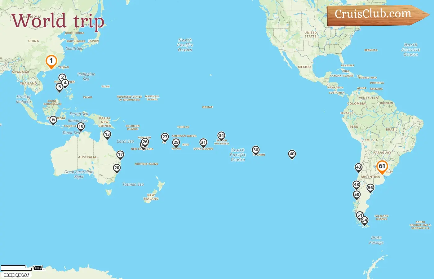 Cruise in the World trip from Hong Kong to Buenos Aires aboard Costa Serena ship with visits to Hong Kong, Philippines, Indonesia, Australia, New Caledonia, Fiji, Tonga, Cook Islands, French Polynesia, Pitcairn, Chile, and Argentina for 61 days