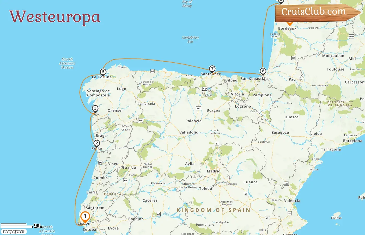 Kreuzfahrt im westlichen Europa von Lissabon nach Bordeaux an Bord des Schiffes Le Boréal mit Besuchen in Spanien und Frankreich für 10 Tage