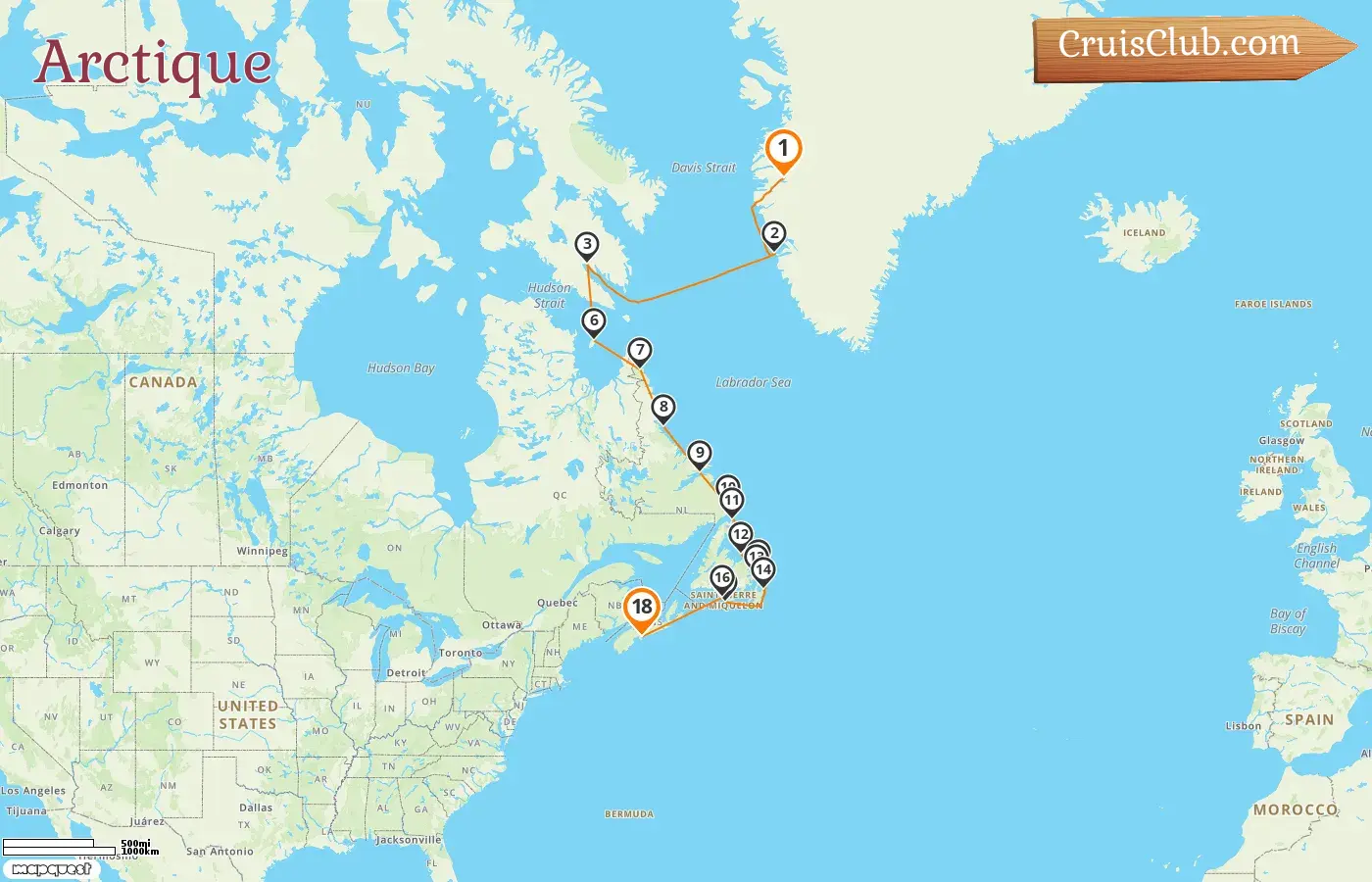 Croisière dans l`Arctique de Kangerlussuaq à Halifax à bord du navire L`Austral avec des visites au Groenland, au Canada et à Saint-Pierre-et-Miquelon pendant 18 jours