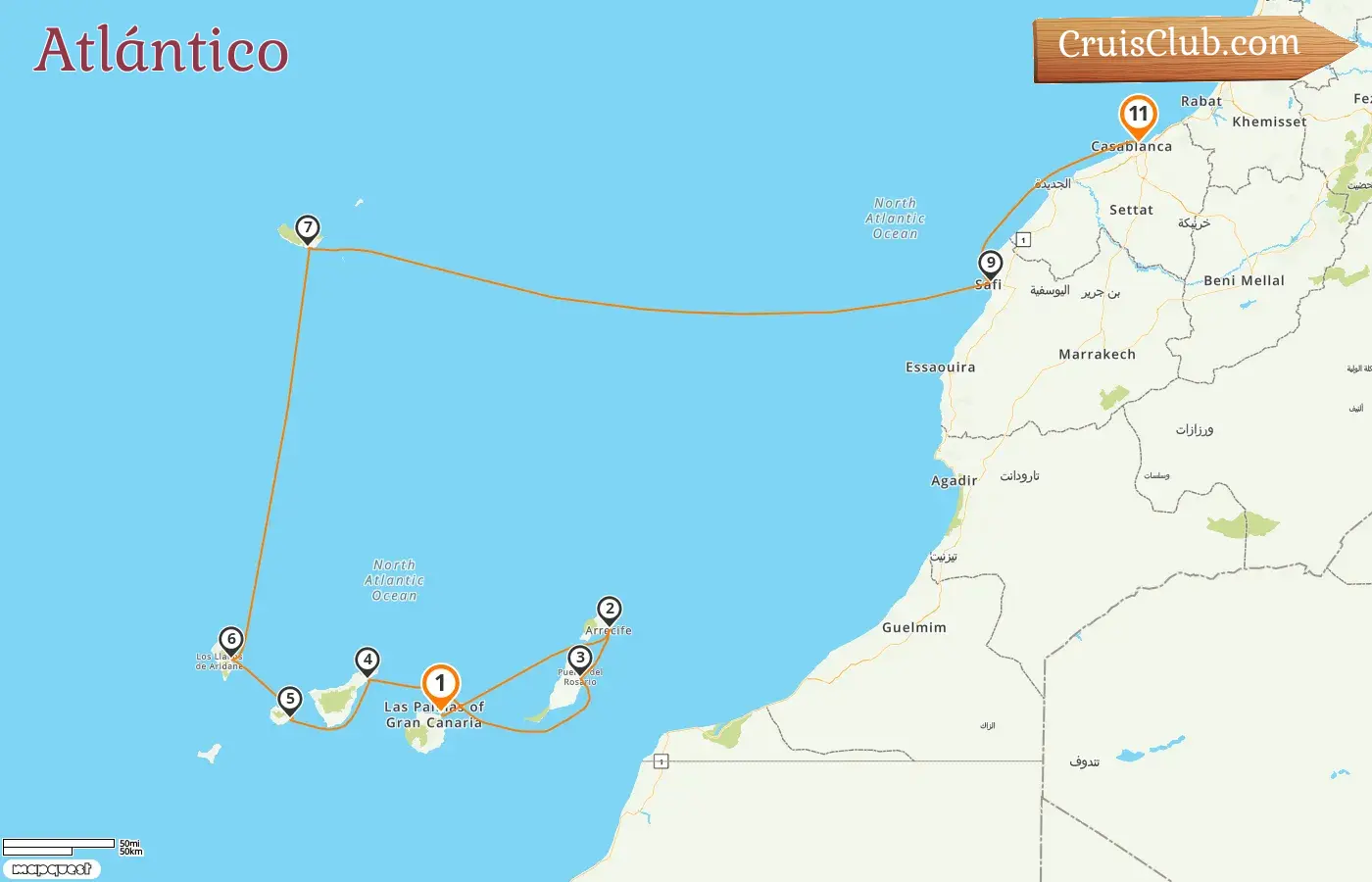 Crucero por el Atlántico desde Las Palmas a Casablanca a bordo del barco Le Boréal con visitas a España y Marruecos por 11 días