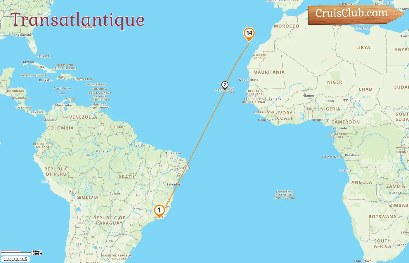 Croisière transatlantique de Rio de Janeiro à Santa Cruz de Tenerife à bord du navire L`Austral avec des visites au Brésil et en Espagne pendant 14 jours