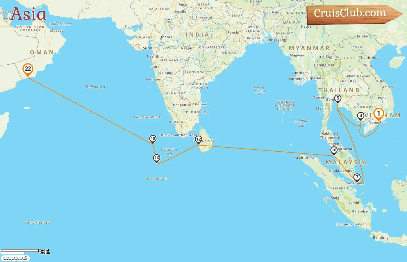 Crucero por Asia desde Ciudad Ho Chi Minh a Salalah a bordo del barco Vasco da Gama con visitas a Vietnam, Camboya, Tailandia, Singapur, Malasia, Sri Lanka, Maldivas y Omán durante 22 días