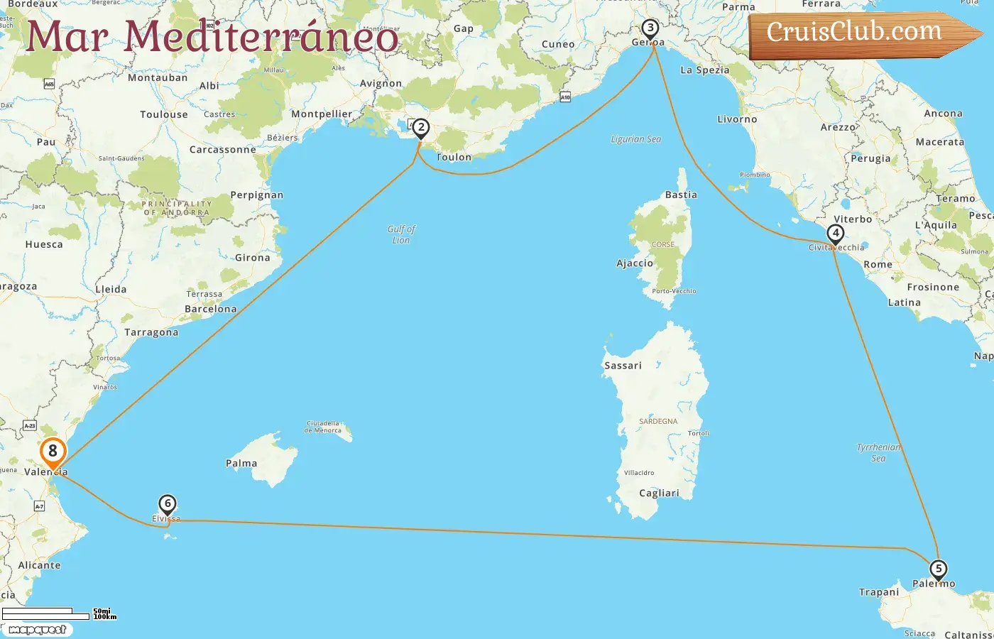 Crucero en el Mediterráneo desde Valencia a bordo del barco MSC Musica con visitas a España, Francia e Italia durante 8 días