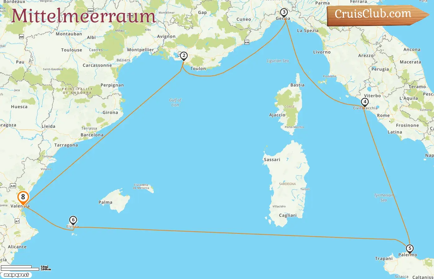 Kreuzfahrt im Mittelmeer ab Valencia an Bord des MSC-Musica-Schiffs mit Besuchen in Spanien, Frankreich und Italien für 8 Tage