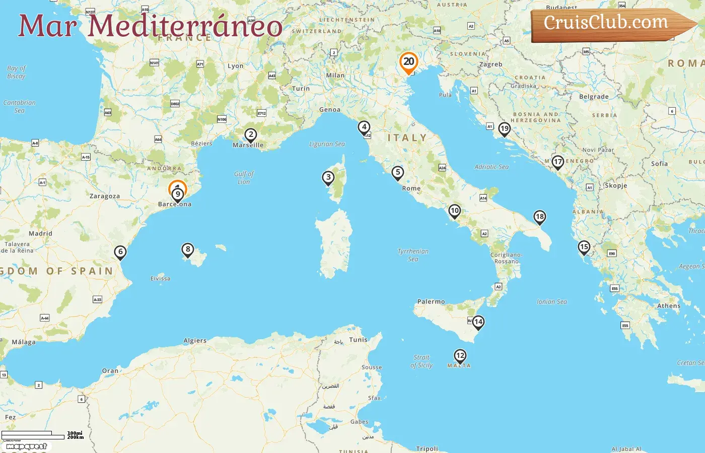 Crucero en el Mediterráneo de Barcelona a Fusina a bordo del barco EXPLORA I con visitas a España, Francia, Italia, Malta, Grecia, Montenegro y Croacia durante 20 días