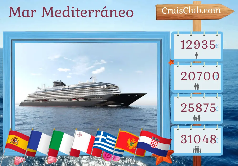 Crucero en el Mediterráneo de Barcelona a Fusina a bordo del barco EXPLORA I con visitas a España, Francia, Italia, Malta, Grecia, Montenegro y Croacia durante 20 días