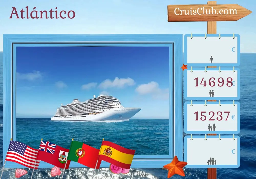 Crucero en el Transatlántico de Nueva York a Barcelona a bordo del barco Seven Seas Prestige con visitas a EE. UU., Bermuda, Portugal y España por 15 días