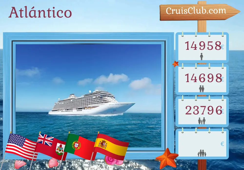 Crucero en el Transatlántico de Nueva York a Barcelona a bordo del barco Seven Seas Prestige con visitas a EE. UU., Bermuda, Portugal y España por 15 días