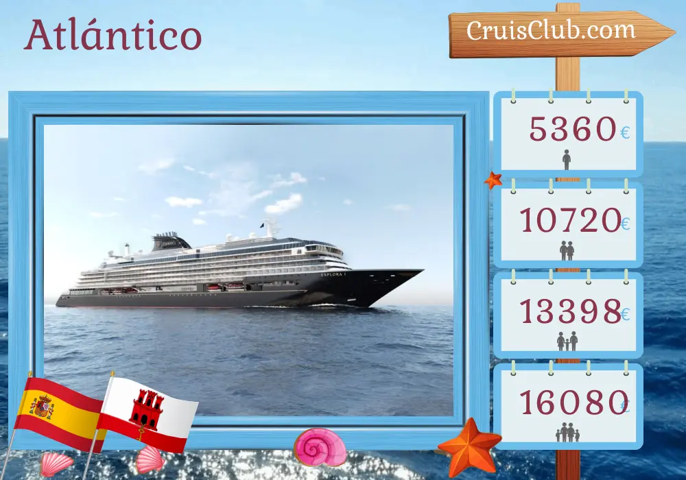Crucero en el Atlántico desde Saint John hasta Barcelona a bordo del buque EXPLORA I con visitas a Puerto Rico, España y Gibraltar durante 14 días