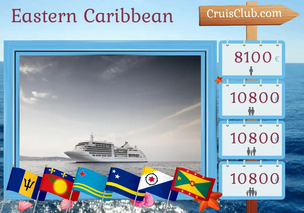 Cruise in the Eastern Caribbean from Bridgetown aboard Silver Spirit ship with visits to Barbados, Guadeloupe, Aruba, Curaçao, Grenada, and Saint Vincent and the Grenadines for 12 days