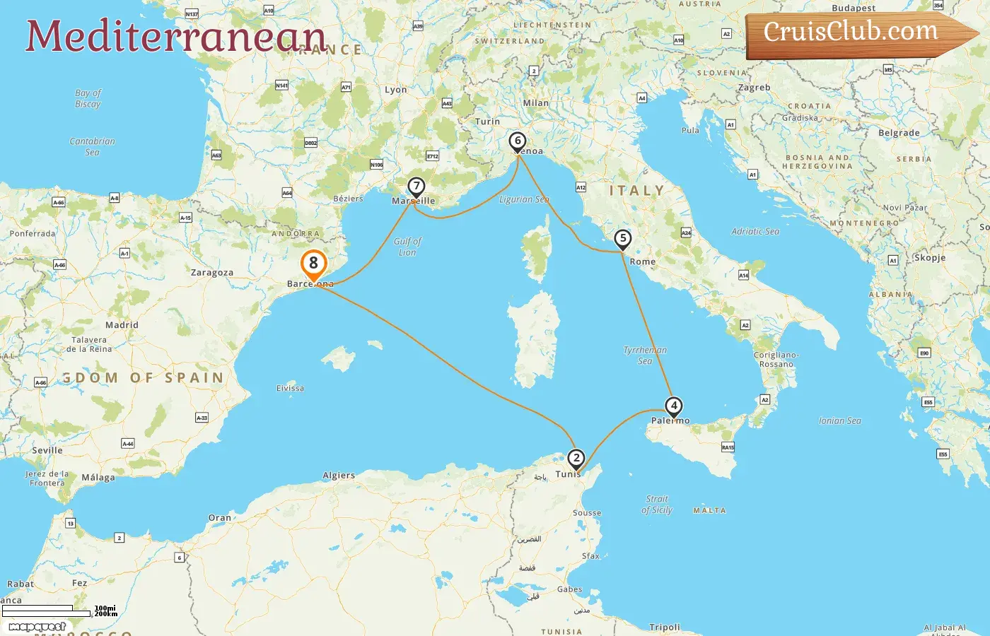 Cruise in the Mediterranean from Barcelona aboard Costa Toscana ship with visits to Spain, Tunisia, Italy, and France for 8 days