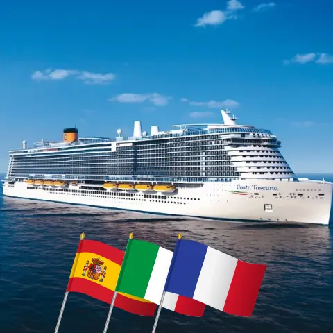Cruise in the Mediterranean from Barcelona aboard Costa Toscana ship with visits to Spain, Tunisia, Italy, and France for 8 days