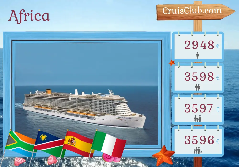 Cruise in the Africa from Cape Town to Genoa aboard Costa Smeralda ship with visits to South Africa, Namibia, Spain, Morocco, and Italy for 20 days
