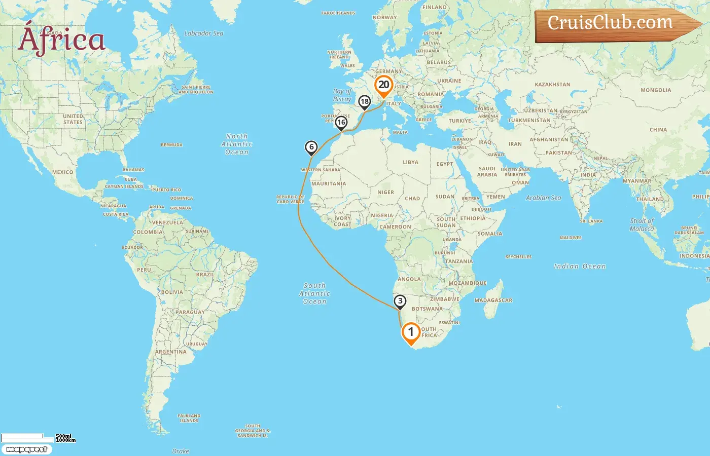 Cruzeiro na África de Cape Town a Gênova a bordo do navio Costa Smeralda com visitas à África do Sul, Namíbia, Espanha, Marrocos e Itália por 20 dias