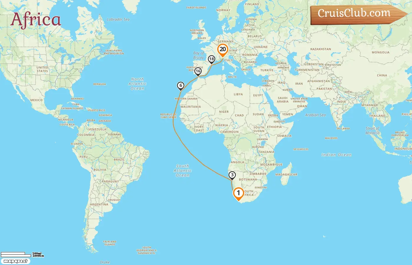 Cruise in the Africa from Cape Town to Genoa aboard Costa Smeralda ship with visits to South Africa, Namibia, Spain, Morocco, and Italy for 20 days