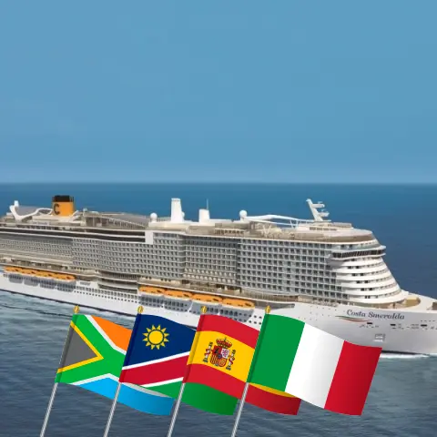 Cruise in the Africa from Cape Town to Genoa aboard Costa Smeralda ship with visits to South Africa, Namibia, Spain, Morocco, and Italy for 20 days