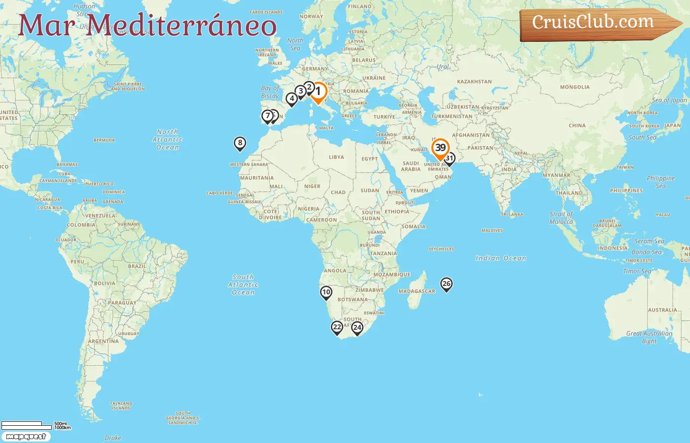 Crucero en el Mediterráneo de Civitavecchia a Dubái a bordo del barco Costa Smeralda con visitas a Italia, Francia, España, Namibia, Sudáfrica, Mauricio, Omán y Emiratos Árabes Unidos durante 39 días