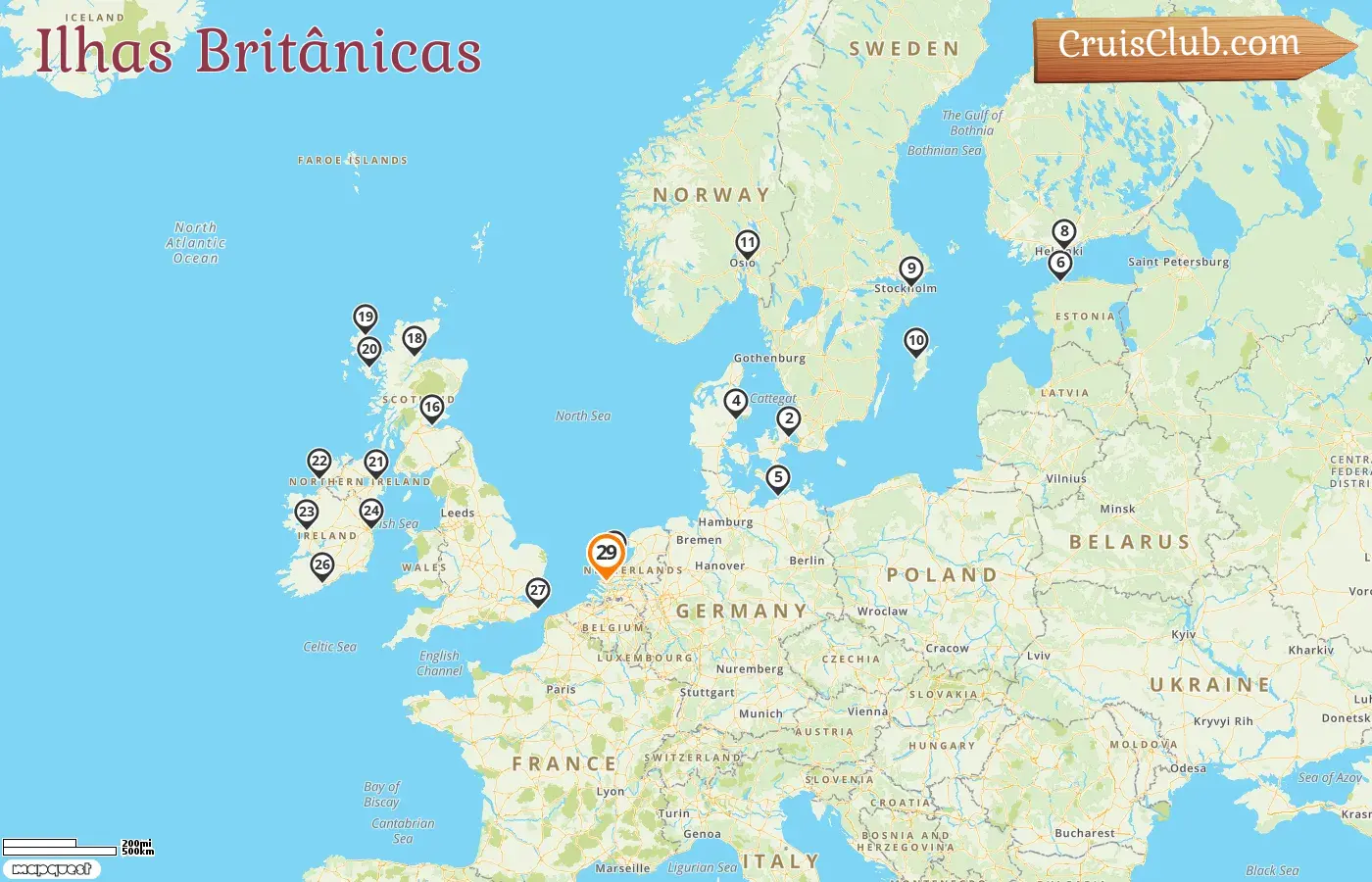 Cruzeiro nas Ilhas Britânicas a bordo do navio Nieuw Statendam com visitas à Dinamarca, Alemanha, Estônia, Finlândia, Suécia, Noruega, Holanda e Irlanda por 29 dias