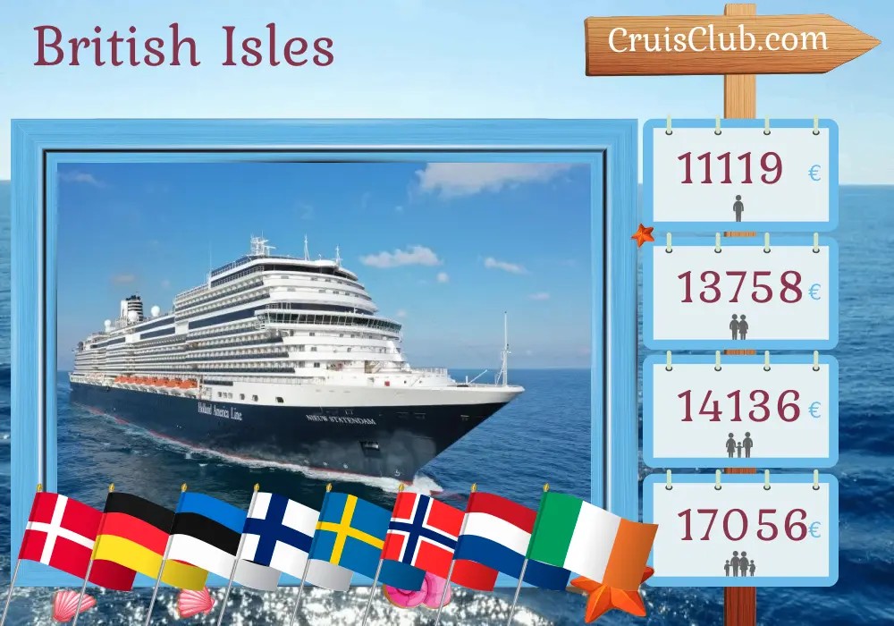 Kreuzfahrt auf den britischen Inseln ab Rotterdam an Bord des Schiffes Nieuw Statendam mit Besuchen in Dänemark, Deutschland, Estland, Finnland, Schweden, Norwegen, den Niederlanden und Irland für 29 Tage