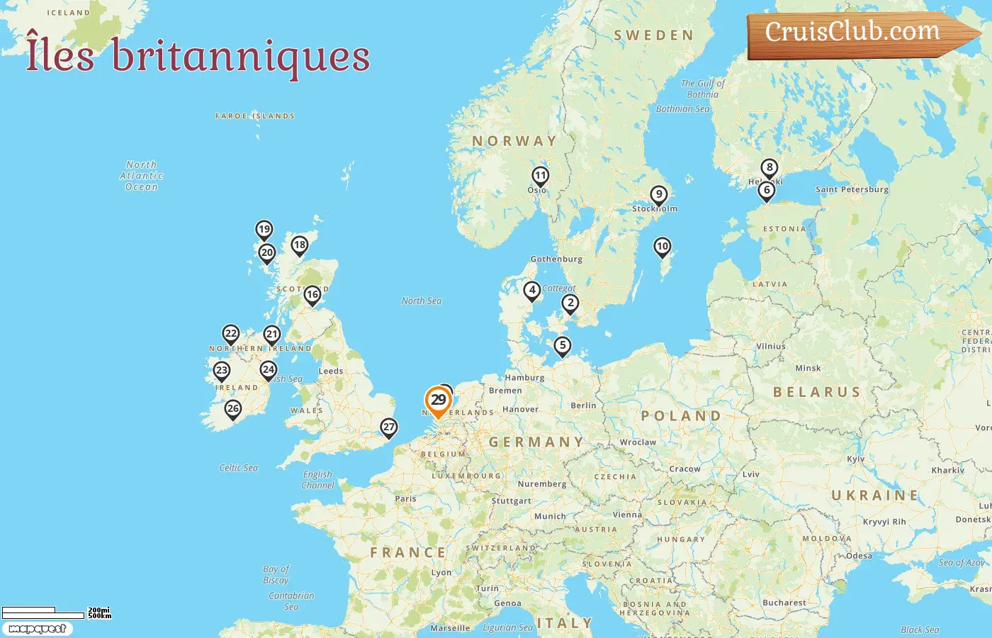 Croisière dans les îles britanniques au départ de Rotterdam à bord du navire Nieuw Statendam avec des visites au Danemark, en Allemagne, en Estonie, en Finlande, en Suède, en Norvège, aux Pays-Bas et en Irlande pendant 29 jours