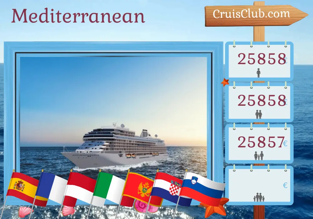 Cruise in the Mediterranean from Barcelona to Fusina aboard Seven Seas Grandeur ship with visits to Spain, France, Monaco, Italy, Montenegro, Croatia, and Slovenia for 19 days