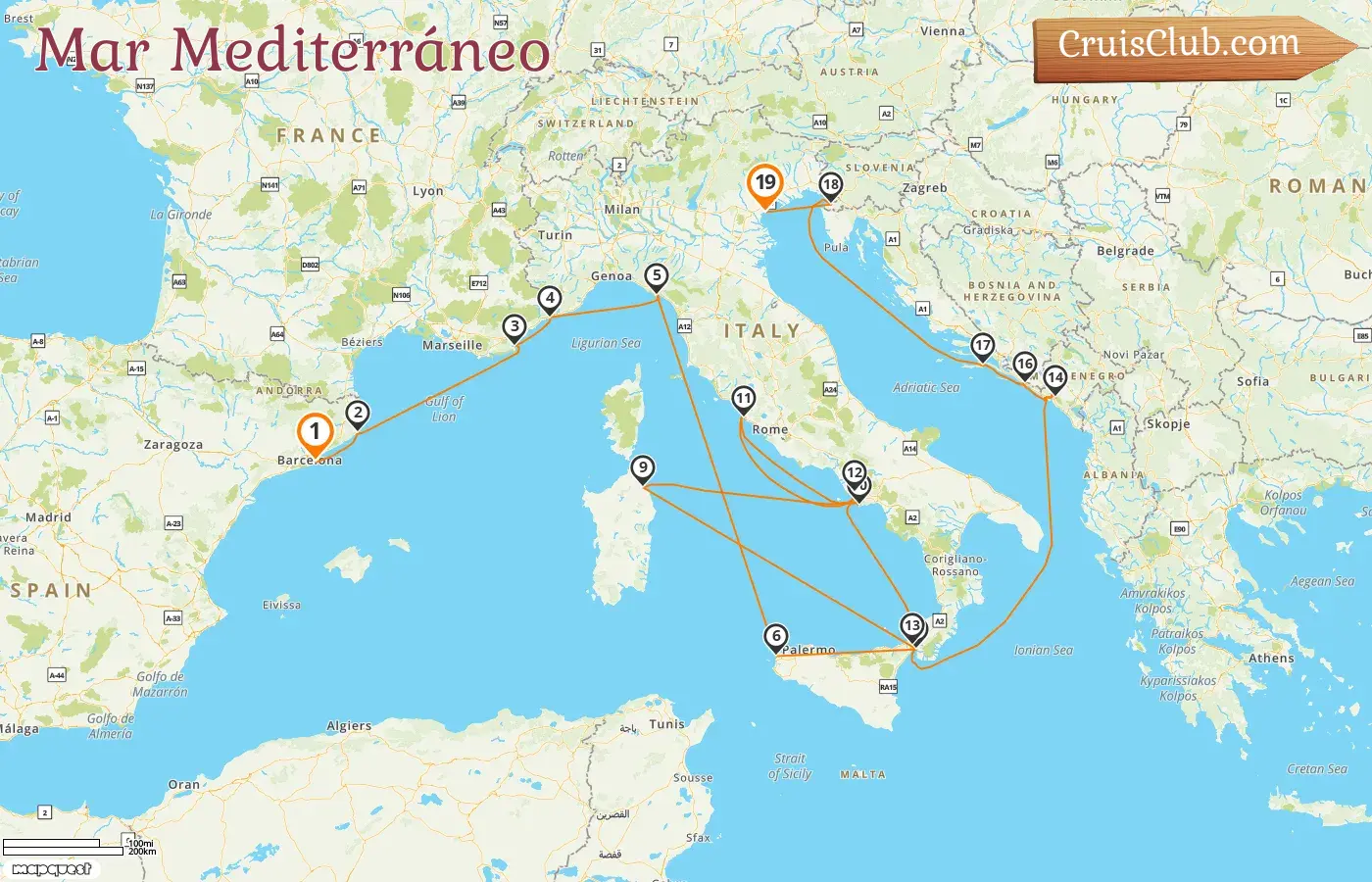 Crucero por el Mediterráneo de Barcelona a Fusina a bordo del barco Seven Seas Grandeur con visitas a España, Francia, Mónaco, Italia, Montenegro, Croacia y Eslovenia durante 19 días