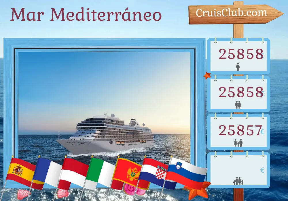 Crucero por el Mediterráneo de Barcelona a Fusina a bordo del barco Seven Seas Grandeur con visitas a España, Francia, Mónaco, Italia, Montenegro, Croacia y Eslovenia durante 19 días