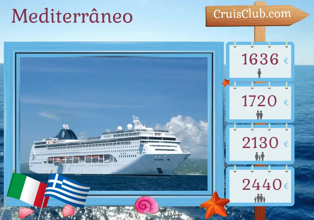 Cruzeiro no Mediterrâneo de Bari para Marghera a bordo do navio MSC Lirica com visitas à Itália e Grécia por 8 dias