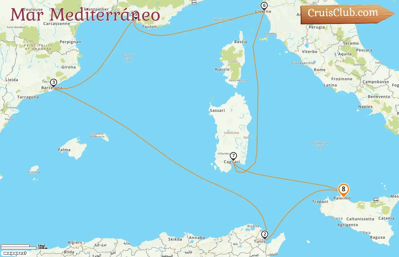 Crucero por el Mediterráneo desde Palermo a bordo del barco MSC Splendida con visitas a Italia, Túnez, España y Francia durante 8 días