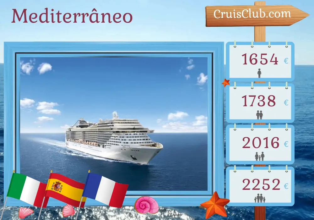 Cruzeiro no Mediterrâneo a partir de Palermo a bordo do navio MSC Splendida com visitas à Itália, Tunísia, Espanha e França por 8 dias