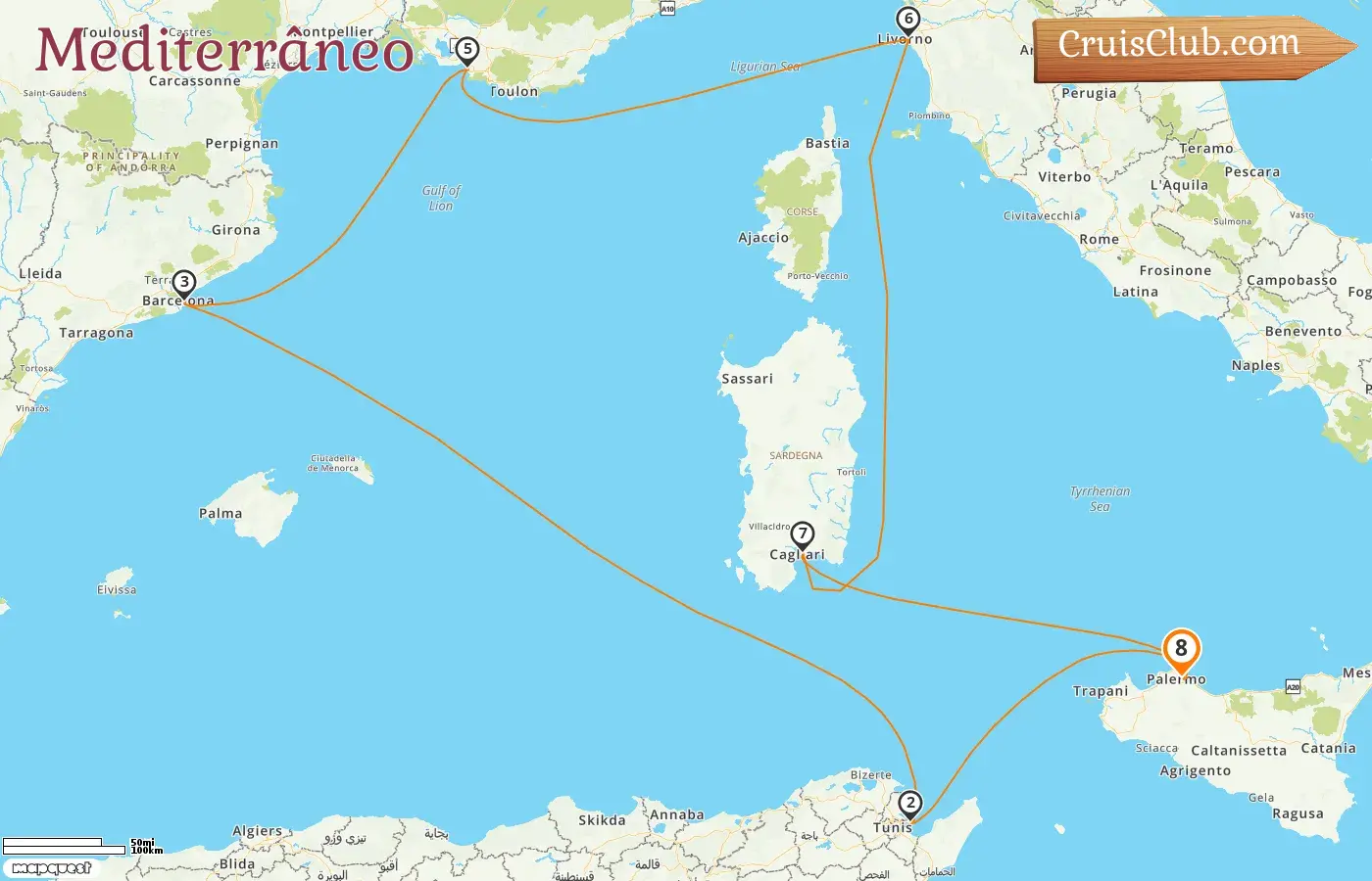 Cruzeiro no Mediterrâneo a partir de Palermo a bordo do navio MSC Splendida com visitas à Itália, Tunísia, Espanha e França por 8 dias